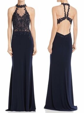 AVERY G Navy Lace Halter Floral Beaded Open Back Evening Gown Mermaid Dress sz 4